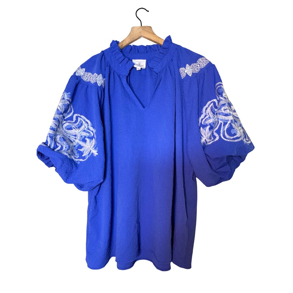 Umgee Royal Blue Embroidered Puff Sleeve Tunic